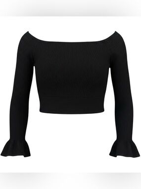 Endless Rose Black Ribbed Off-Shoulder Cropped Sweater | Ruffle Sleeve Sz Small